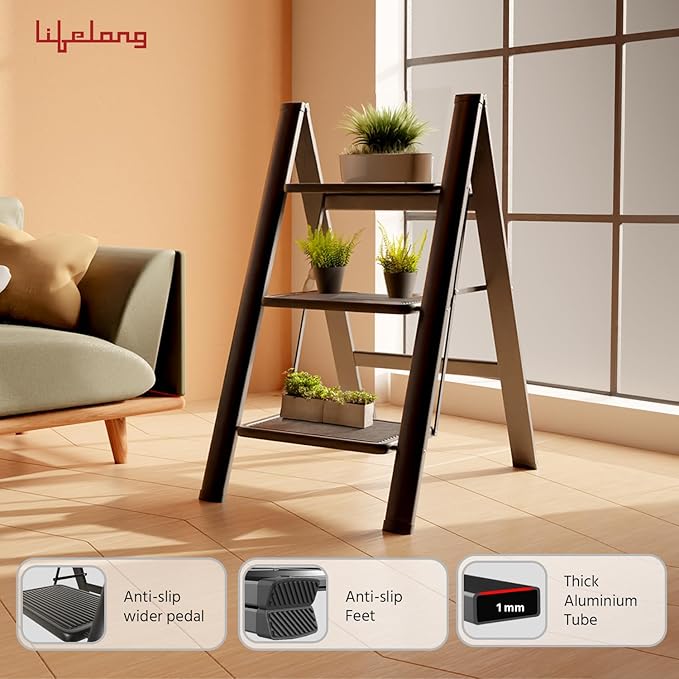 Lifelong 3-Step Steel Ladder – Foldable & Portable Multipurpose Stool with 150Kg Capacity for Home, Kitchen