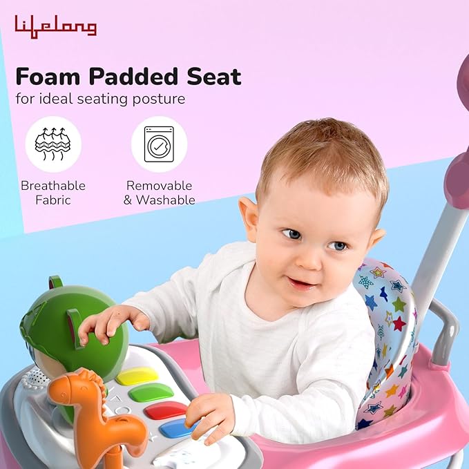 Lifelong Cuppy 3-in-1 Baby Walker for 6-18 Months | Adjustable Height Baby Walker with Parental Handle | Musical Piano, Feeding Tray & Soft Padded Seat