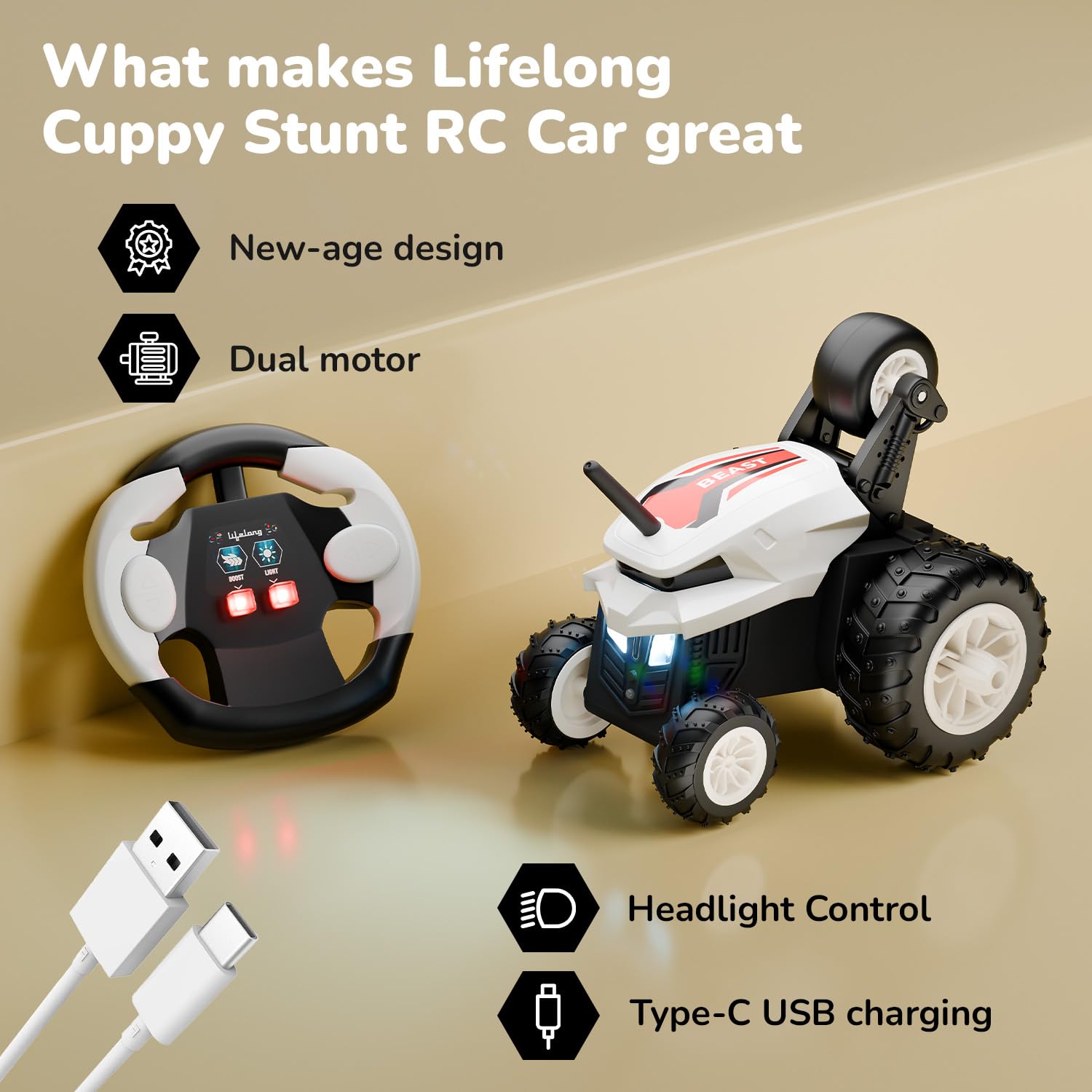 Lifelong Turbo 4x4 RC Stunt Car with Rolling Spins & Type-C Rechargeable Battery
