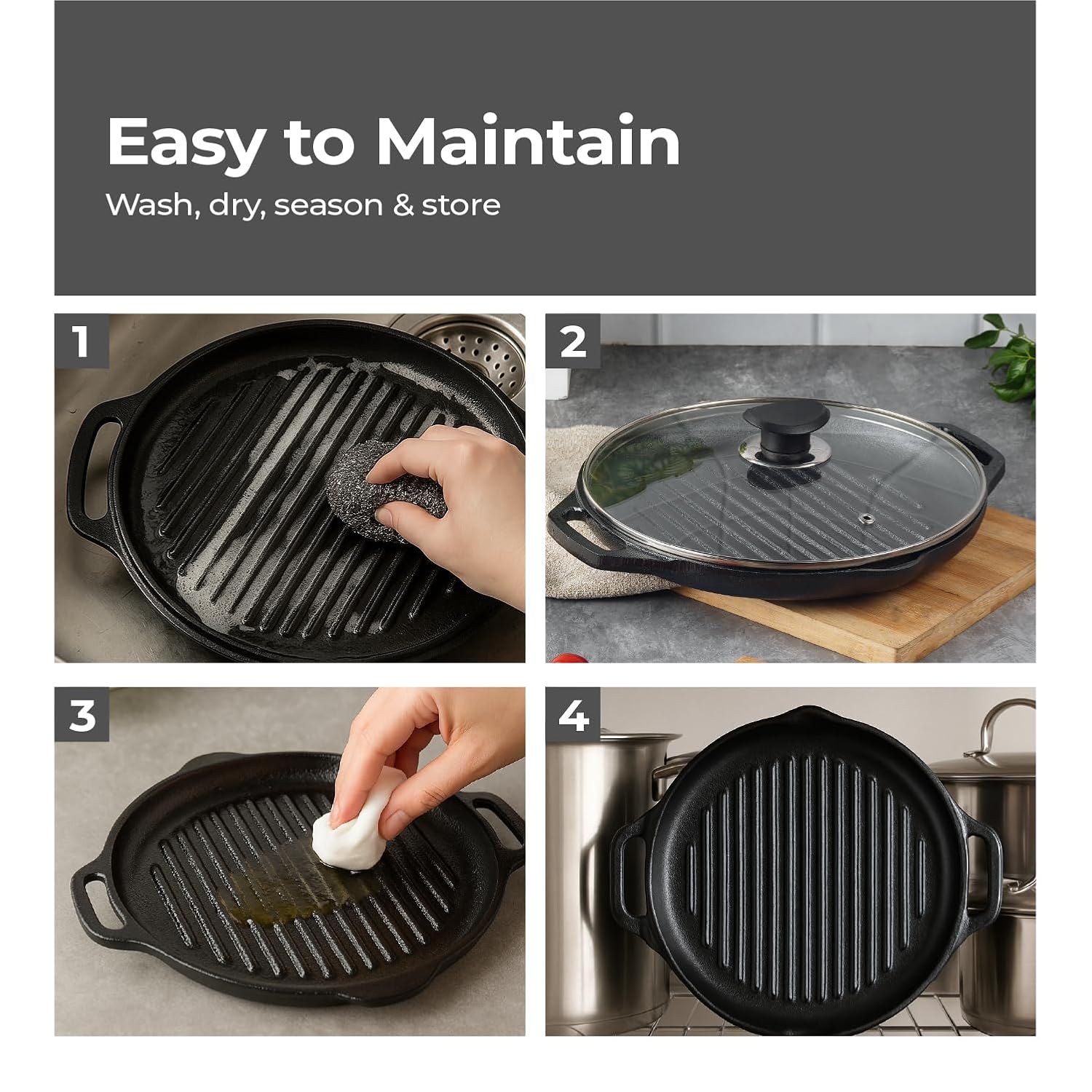 Lifelong Cast Iron Grill Pan with Glass Lid & Wooden Spatula | 2Litre | Induction & Gas Stove Compatible |Non-Toxic Cookware,Non-Stick & Teflon Free | Durable for Easy Cooking & Cleaning(LLCIGP010GL)