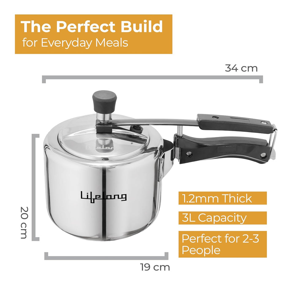 Lifelong 3L Stainless Steel Pressure Cooker | Inner Lid Design with Silicone Gasket | Induction & Gas Compatible | 1.2mm Thick | Leak-Proof, Durable, Rust-Resistant Body | ISI-Certified