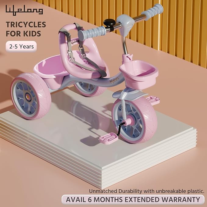 Kids Trike Cycle 2–5 Years – Baby Tricycle with Bell & Basket, 30Kg Capacity (Pink & Lavender)