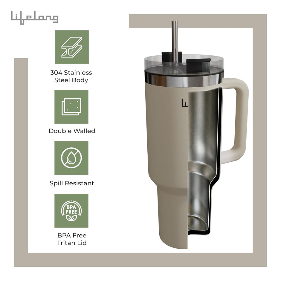 Lifelong Double-Walled Vacuum Insulated Tumbler with Unbreakable Lid & Straw 1200ml