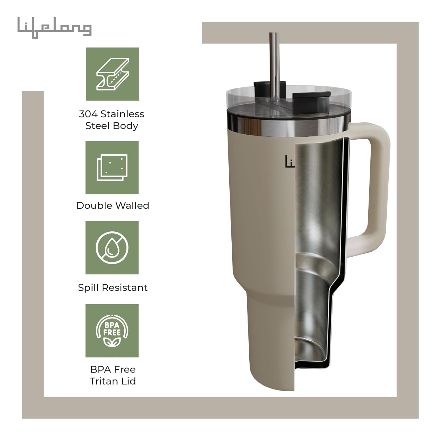 Lifelong Double-Walled Vacuum Insulated Tumbler with Unbreakable Lid & Straw 1200ml