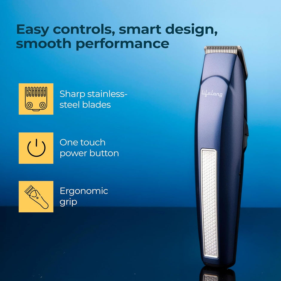 Lifelong Trim EZ Rechargeable Beard Trimmer for Men | SkinProtect Blades, Cordless Groomer with 4 Attachments, Type-C Charging & 60 Min Runtime