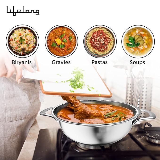 Triply Stainless Steel Deep Kadai with Lid – 2.8L, 24 cm
