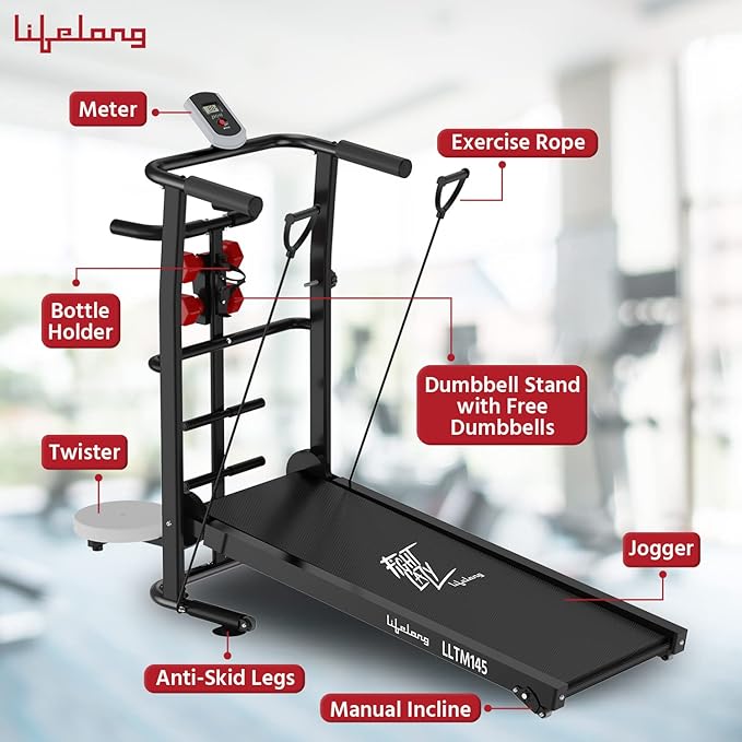 Lifelong LLTM145 Manual Multifunction Treadmill (Jogger, Twister, dumbbells holder, bottle holder), 2Level Manual Incline