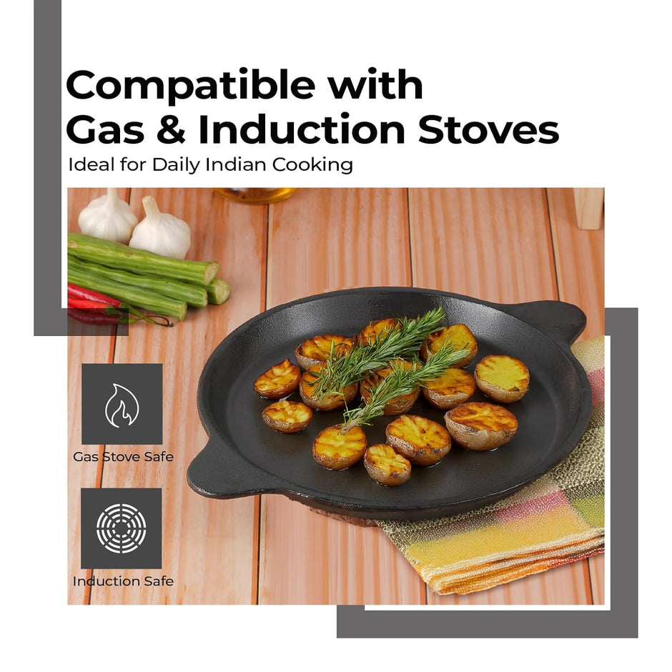 Lifelong Cast Iron Frying Pan for Cooking with Handle | Pre-Seasoned Appam Pan | Large Non-Toxic Cookware, Non-Stick & Teflon Free, Durable for Easy Cooking & Cleaning | Gas & Induction Stove-Friendly