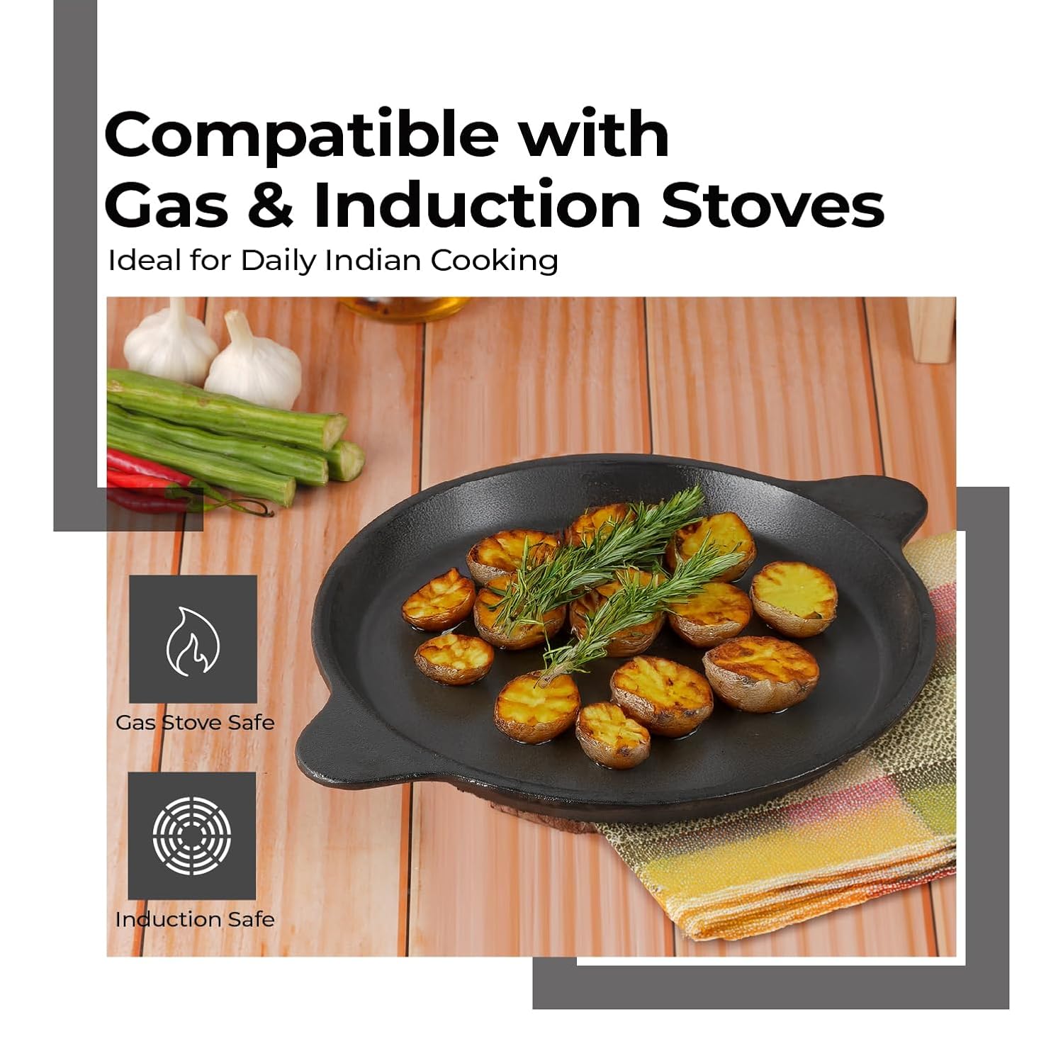 Lifelong Cast Iron Frying Pan for Cooking with Handle | Pre-Seasoned Appam Pan | Large Non-Toxic Cookware, Non-Stick & Teflon Free, Durable for Easy Cooking & Cleaning | Gas & Induction Stove-Friendly