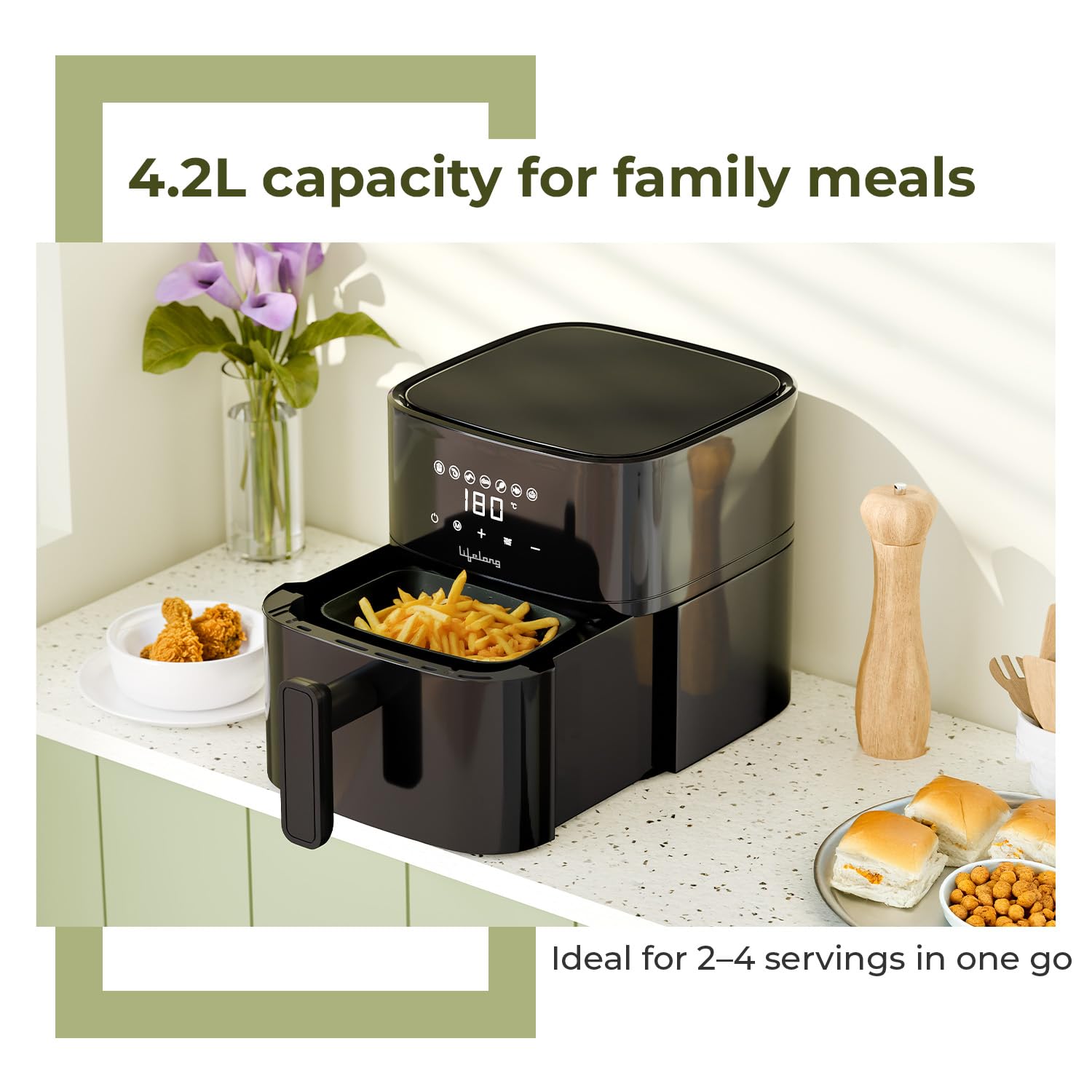 Lifelong 4.2 Litre Digital Air Fryer | Detachable Handle, Touch Control & Non-Stick Basket
