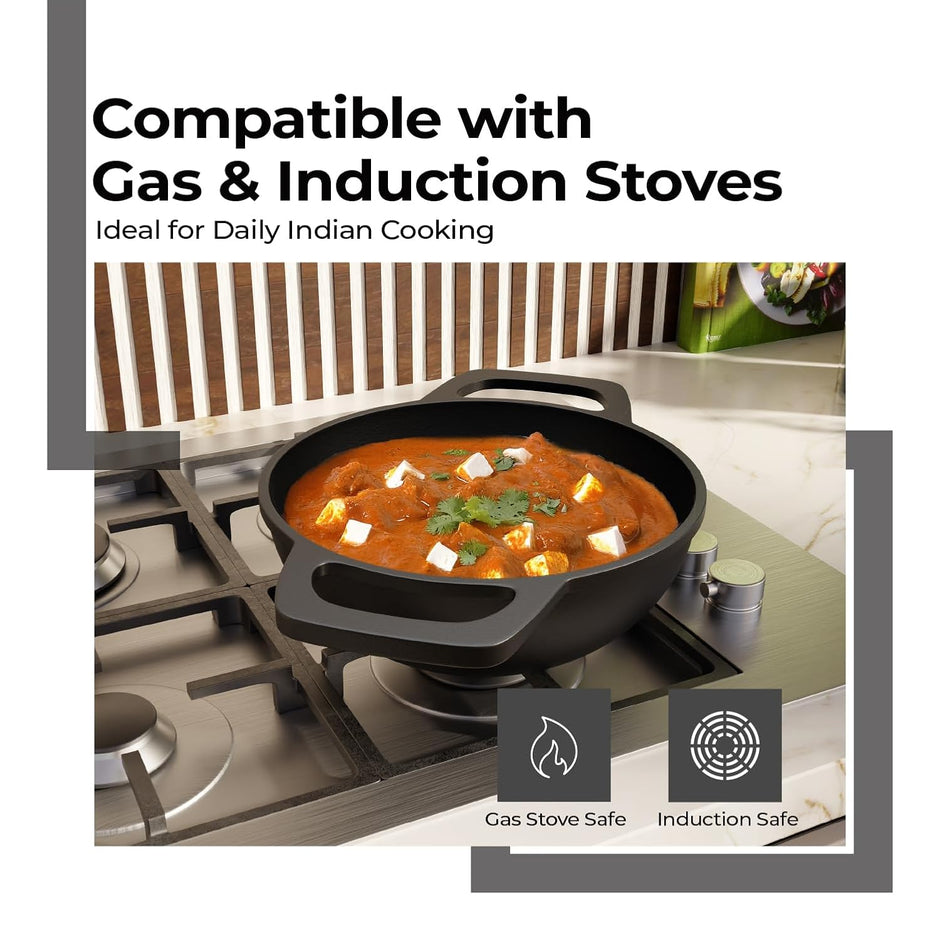 Lifelong Cast Iron Cookware Combo Set – 4-Piece Pre-Seasoned Tawa (30cm), Kadhai (24cm), Fry Pan (20cm) & Tadka Pan, Naturally Non-Stick, Gas & Induction Compatible (Black)