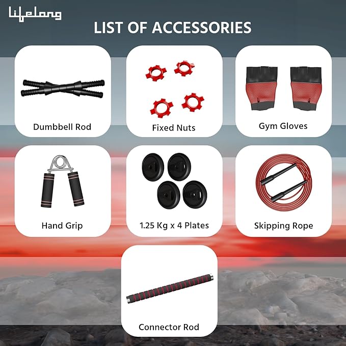 Lifelong PVC 10Kg Gym Set – Dumbbells, Barbell Rods & Weight Plates