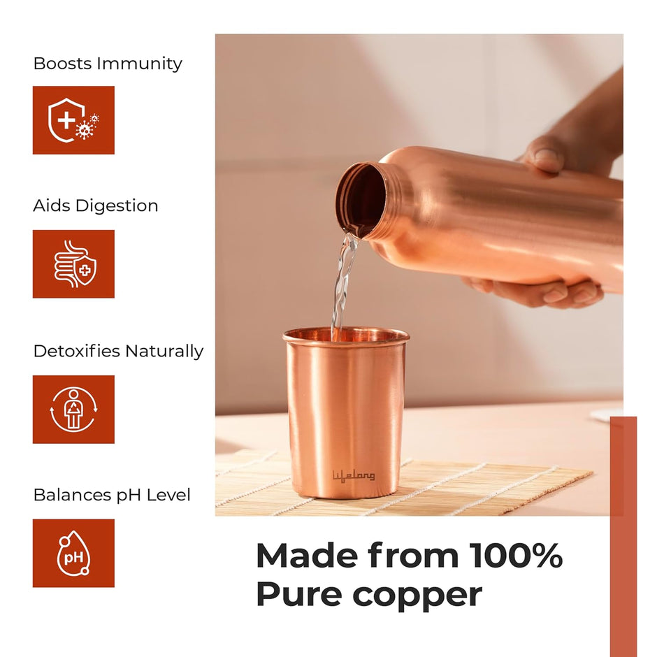 Lifelong 950 ml Copper Water Bottle with Set of 2 Glass | Natural Alkaline Water | Leakproof & Lightweight Design Boosts Immunity | Anti-Bacterial, BPA Free & Secure Cap for School, Travel, Gym & Work Minimalist