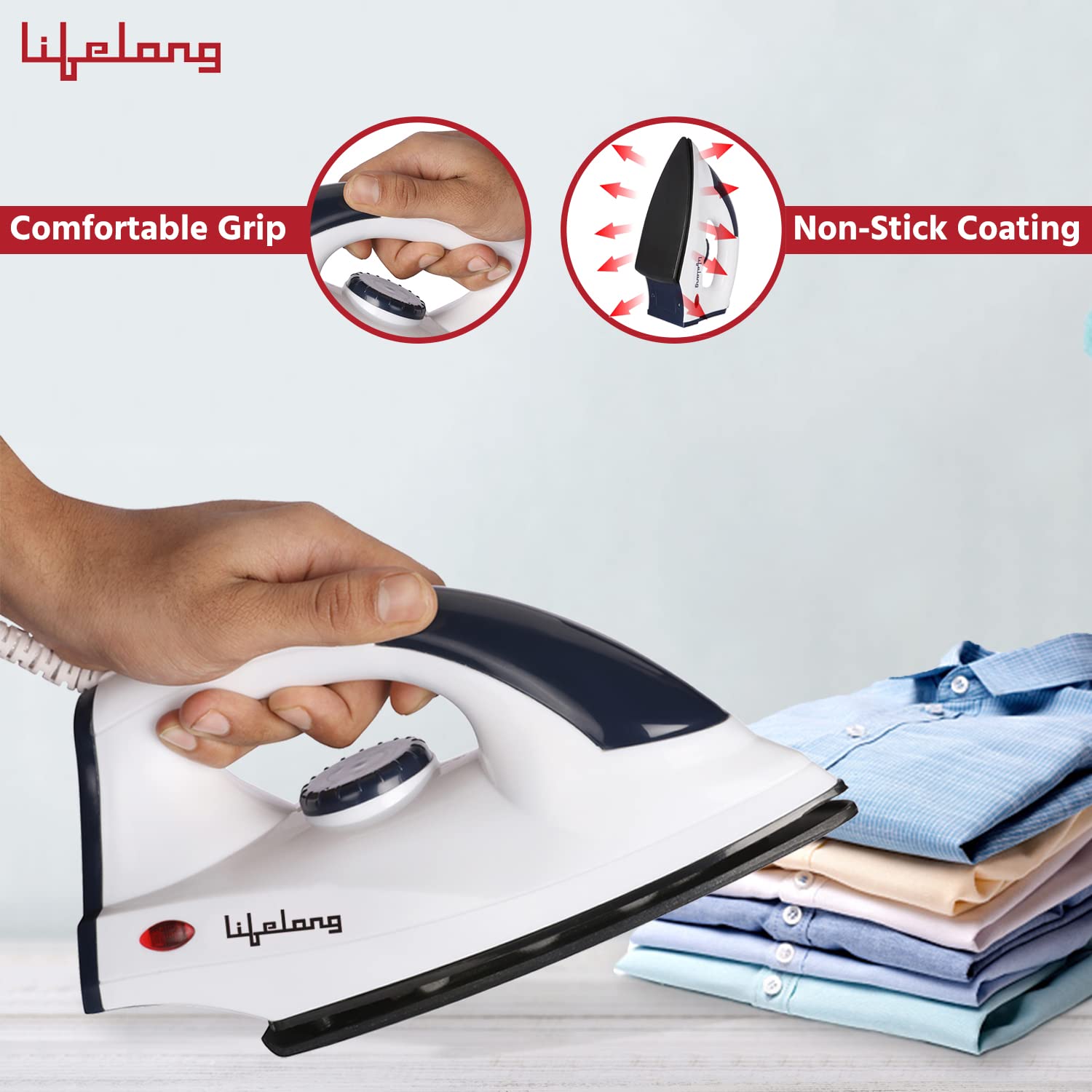 Lifelong 1000W Dry Iron | Lightweight Electric Iron with Non-Stick Soleplate, Adjustable Temperature Control & Power Indicator | Compact| 2 Year Warranty | Blue & White (LLDI30)