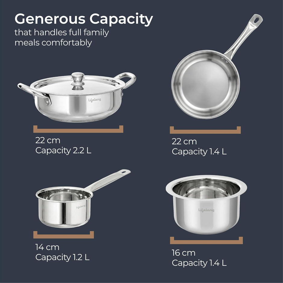 Lifelong Stainless Steel Cookware Set of 5 | Kadhai (2.2L), Fry Pan (1.4L), Saucepan (1.2L), Tope (1.4L) with SS Lid