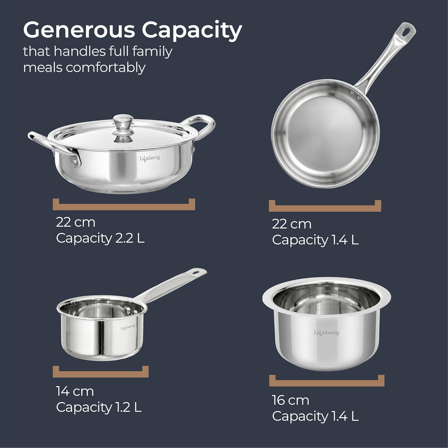 Lifelong Stainless Steel Cookware Set of 5 | Kadhai (2.2L), Fry Pan (1.4L), Saucepan (1.2L), Tope (1.4L) with SS Lid