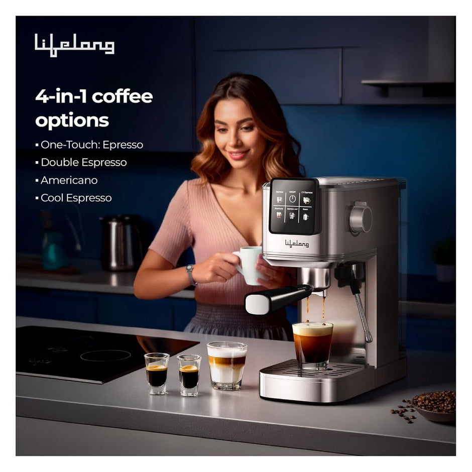 Lifelong Eden 1350W Digital Coffee Machine Italian Ulka Pump 20 Bar Barista-Quality Extraction
