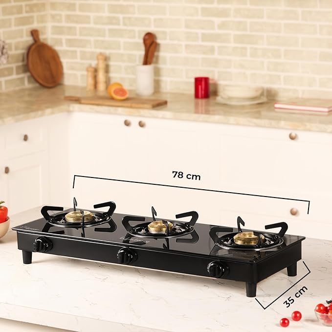3 Burner Glass Gas Stove with Free Gas Saver – ISI Certified, LPG Compatible