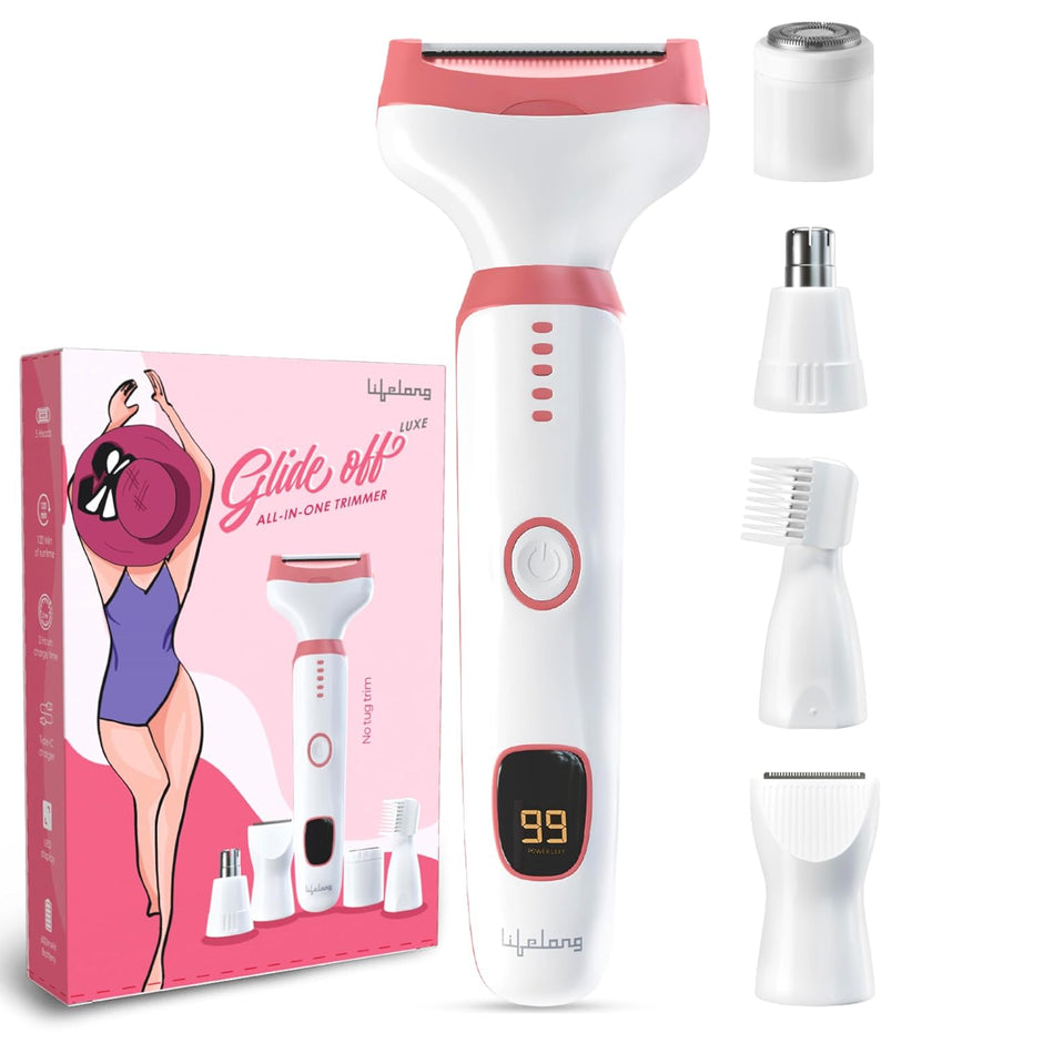 Lifelong GlideOff Luxe 5-in-1 Women’s Face & Body Trimmer | Electric Shaver & Razor with 5 Interchangeable Heads for Bikini, Eyebrow, Nose & Ear Hair Removal, 120 Min Runtime, USB Type-C Charging