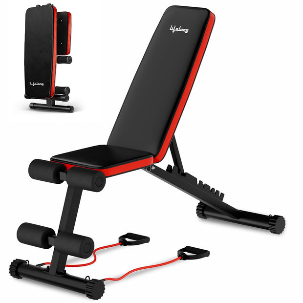 Lifelong Adjustable Gym Bench | Foldable Incline Decline Flat Fitness Bench Press | 300 Kg Capacity | Home Gym Equipment with Resistance Ropes | Black & Red Red and Black