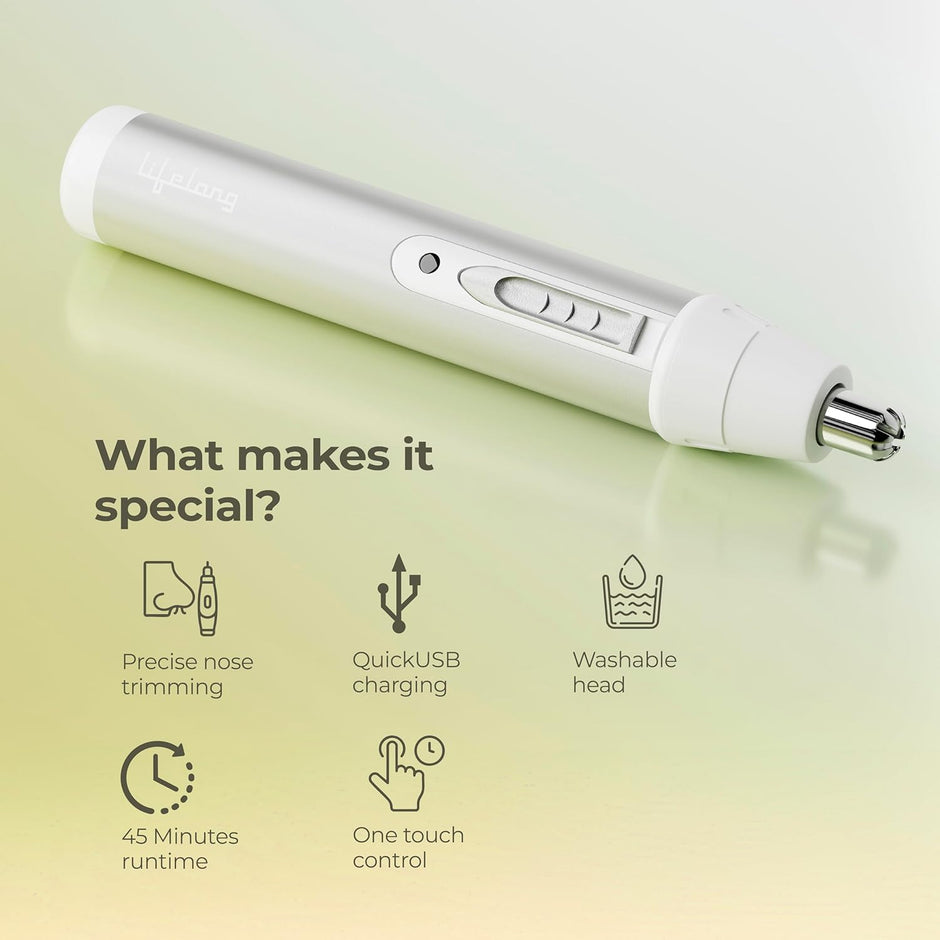 Lifelong Nose Hair Trimmer for Men & Women | Painless Battery-Operated Nose & Facial Hair Trimmer | Stainless Steel Blades | Easy-Clean | 40-Min Runtime (Silver)