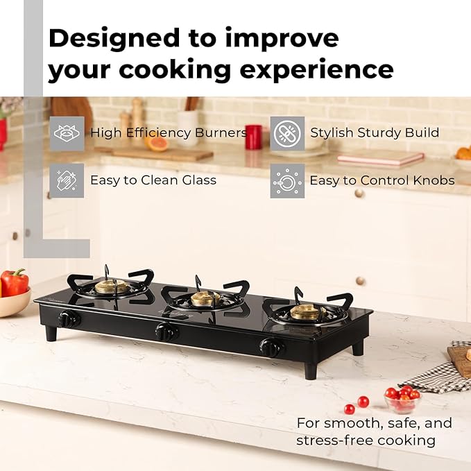 3 Burner Glass Gas Stove with Free Gas Saver – ISI Certified, LPG Compatible