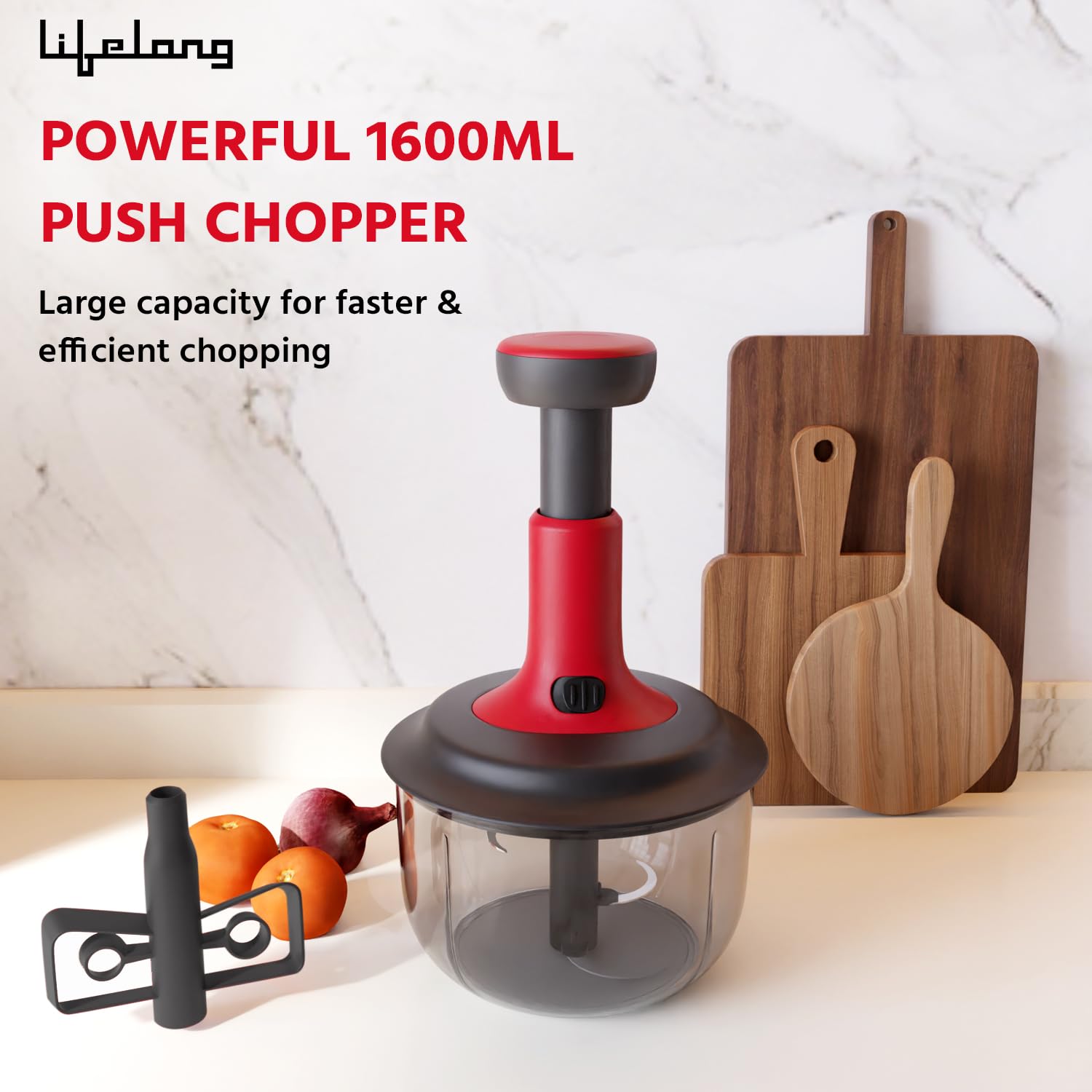 Lifelong Push Chopper 1600ml with Whisker | Versatile Multi-Purpose Vegetable, Onion, and Garlic Chopper, Ideal Manual Kitchen Cutter for Effortless Food Preparation(LLKT001,Red) 1600 ml with Whisker
