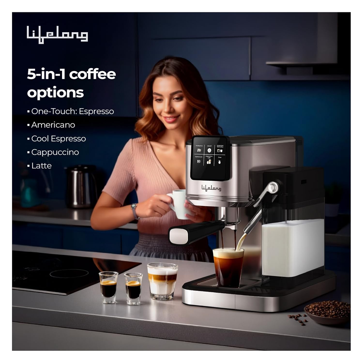 Lifelong Eden Primiera 1350W Digital Coffee Machine with Milk Tank