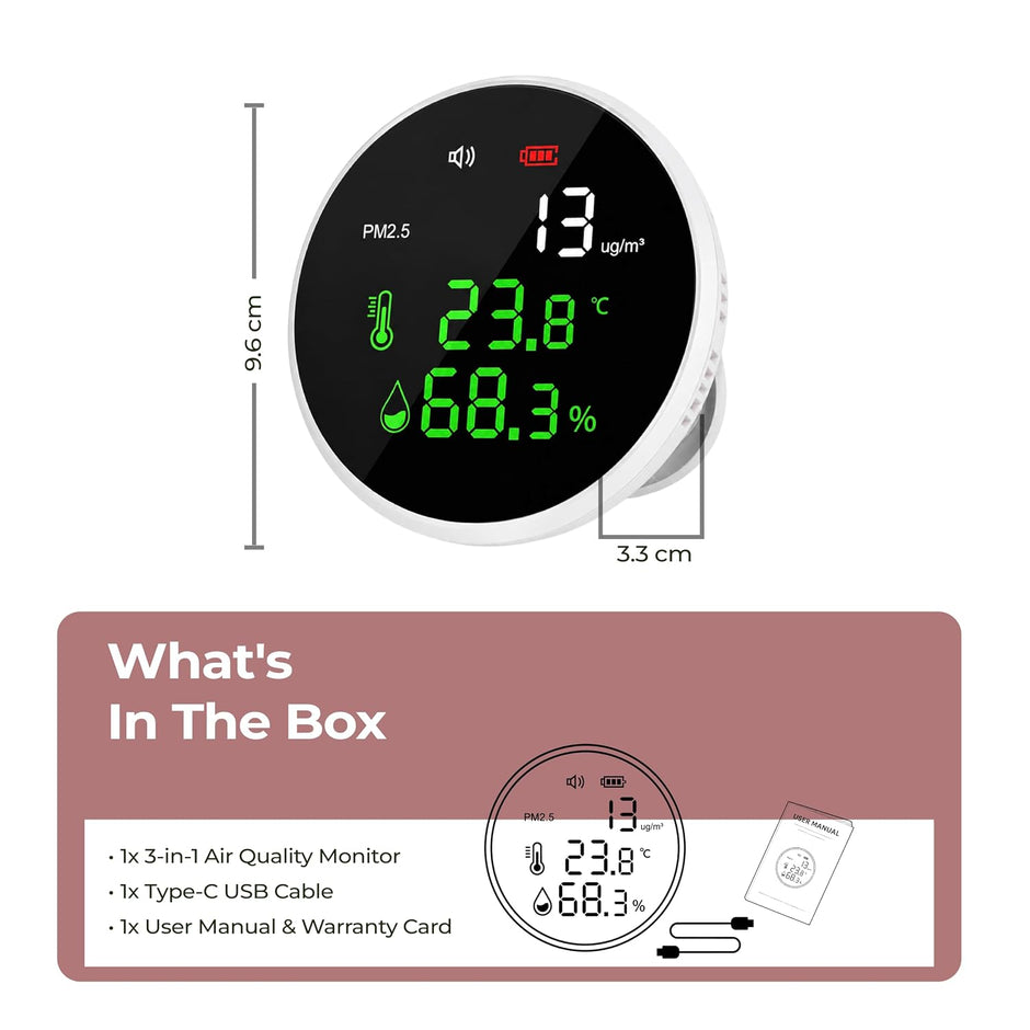 Lifelong 3-in-1 Air Quality Monitor – High-Accuracy Laser Sensor for PM2.5, Temperature & Humidity