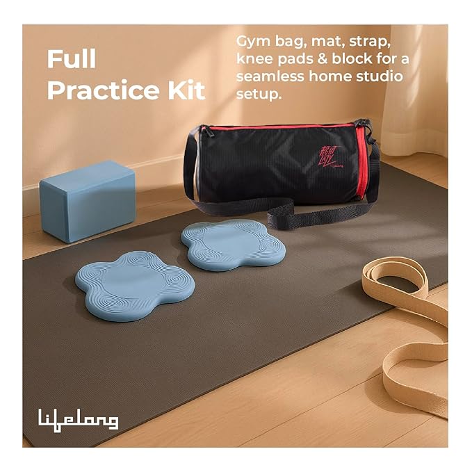 Lifelong Yoga Combo Set of 6 – 4mm Yoga Mat, 6ft Belt, Yoga Block, 2 Knee Pads & Gym Bag for Men & Women