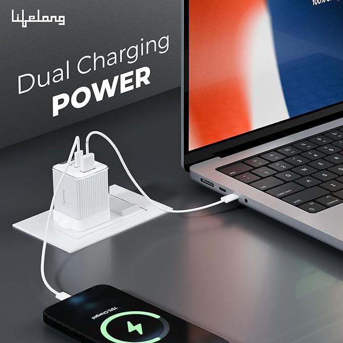 45W GaN Fast Charger with PD – Dual Port USB-A & Type-C (Glacier White)