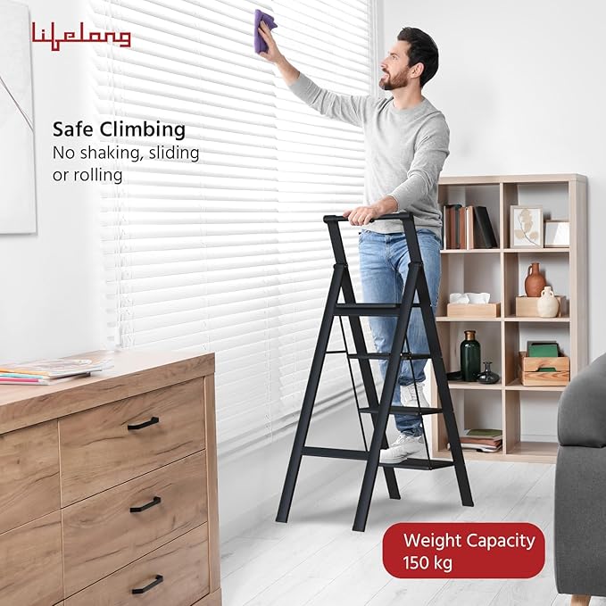 Lifelong 4 Step Steel Ladder with Handle, Foldable Portable Stool for Home, Kitchen & Office Use