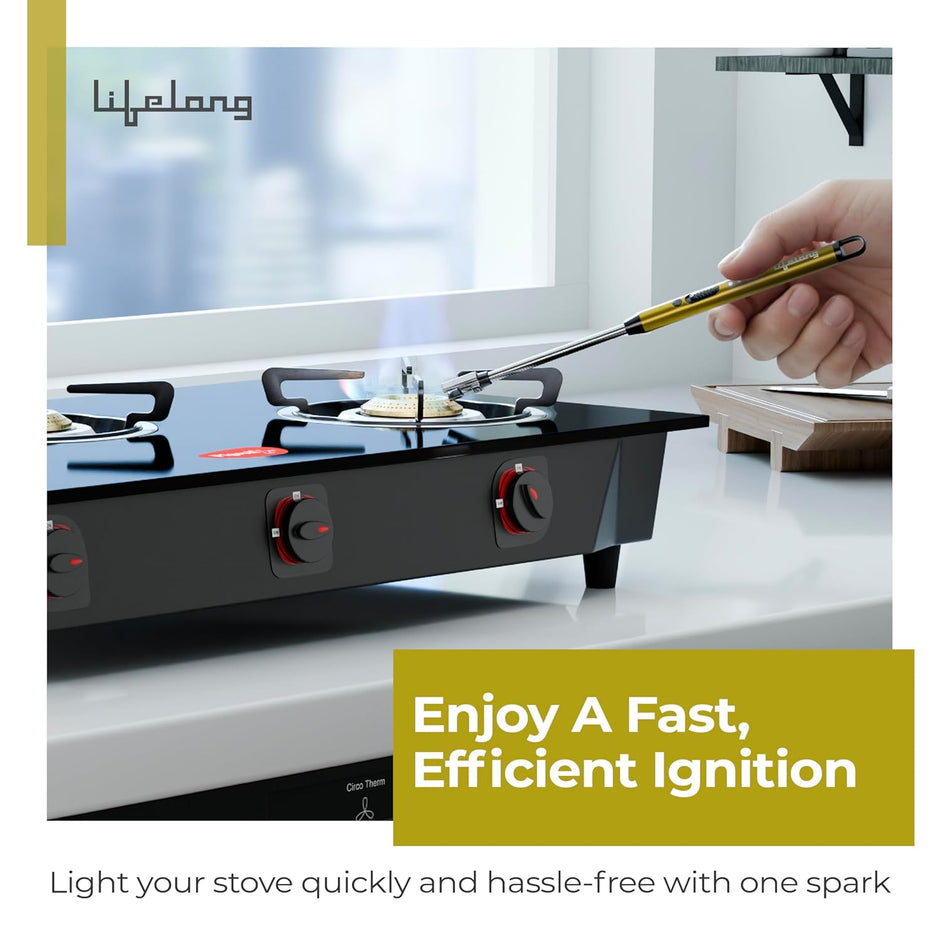 Lifelong Rechargeable Electric Lighter for Kitchen | 360Â° Flexible | C-Type USB | Windproof & Flameless | Lighter for Pooja Room, Candles, BBQ, Multi-Purpose | Stainless Steel & ABS (Golden)