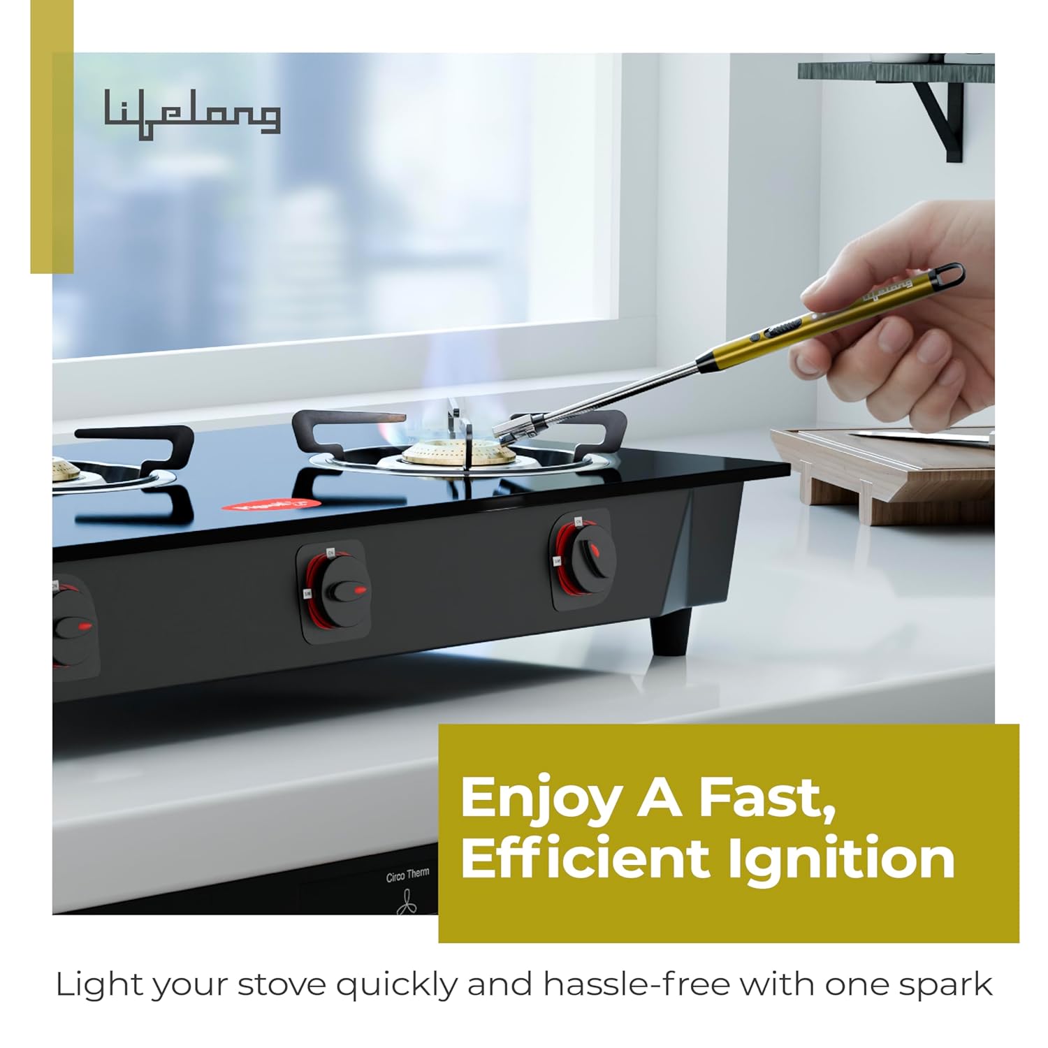 Lifelong Rechargeable Electric Lighter for Kitchen | 360Â° Flexible | C-Type USB | Windproof & Flameless | Lighter for Pooja Room, Candles, BBQ, Multi-Purpose | Stainless Steel & ABS (Golden)