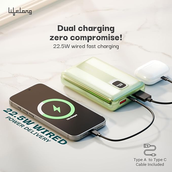 Lifelong 20000mAh Power Bank – 22.5W PD Fast Charging with Digital Display, Type-C Input, 3 Output Ports & Quick Charge 3.0 (Green, Cable Included)