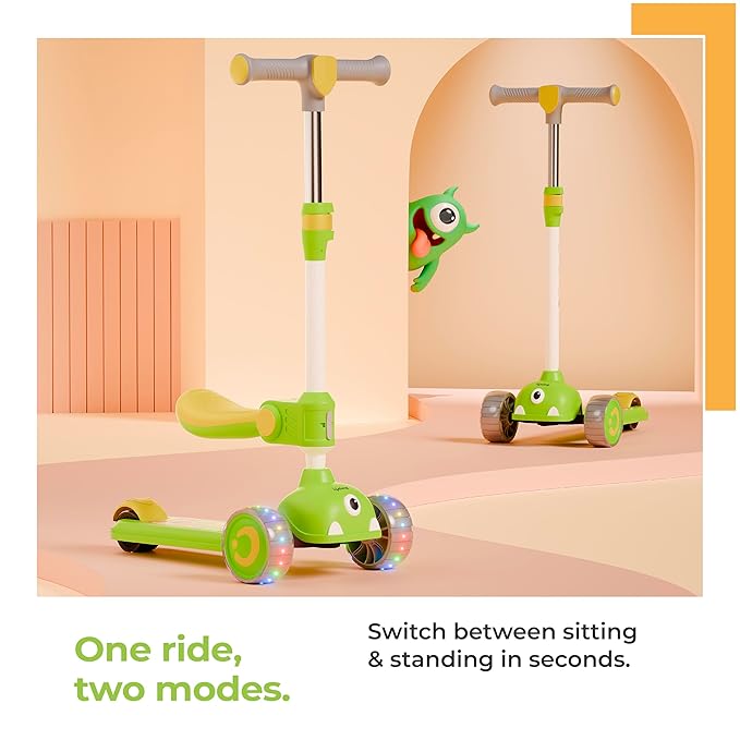 Lifelong Kids Scooter with Foldable Seat – LED PU Wheels, 4-Level Adjustable Height, BIS Certified, 50kg Capacity (Green & Yellow)