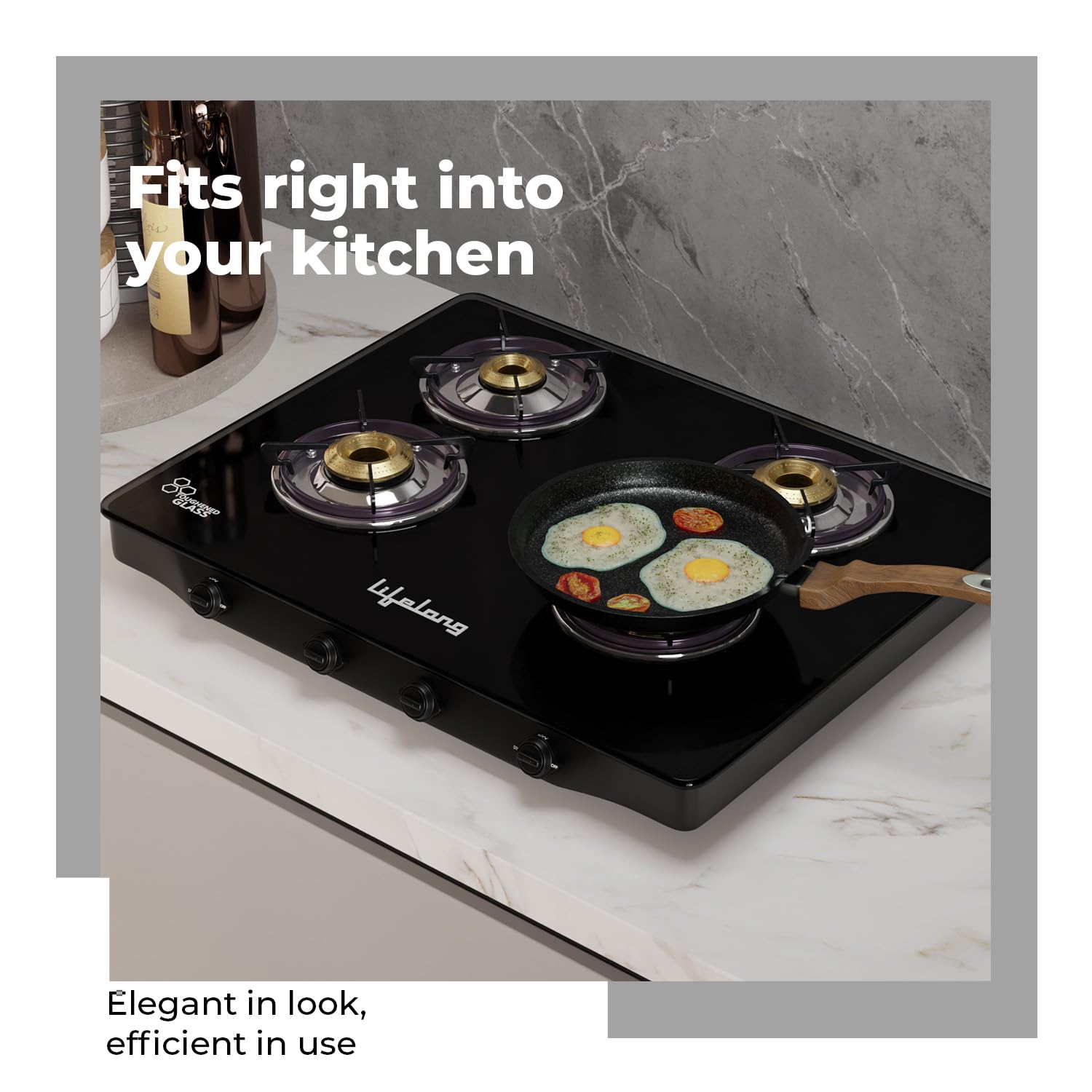 Lifelong 4 Burner Gas Stove with Free Gas Saver – ISI Certified Manual Ignition Glass Top Cooktop, LPG Compatible, Modern Design for Modular Kitchen