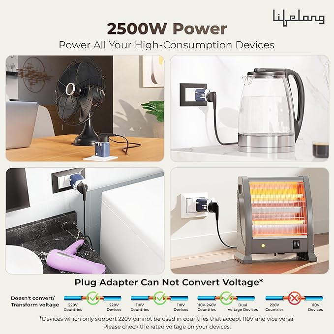 Lifelong 10A Universal Travel Adapter – 2500W All-in-One for 180+ Countries