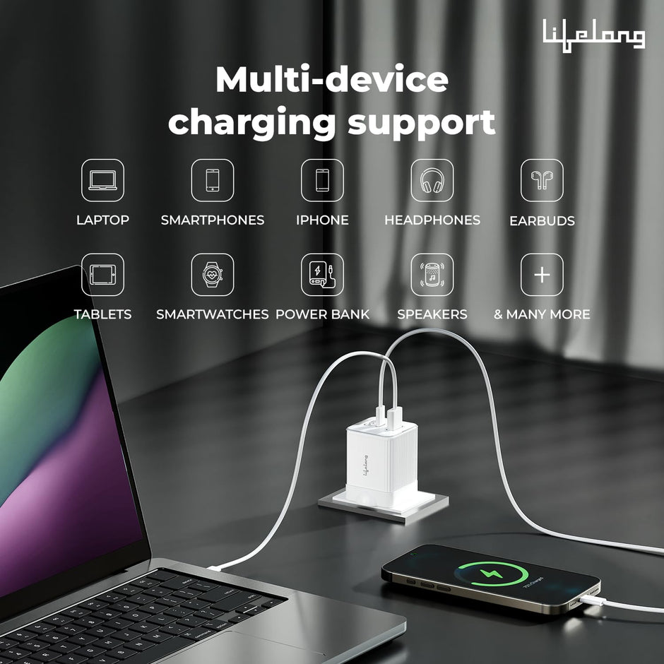 45W GaN Fast Charger with PD – Dual Port USB-A & Type-C (Glacier White)