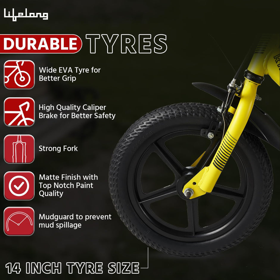 14T Kids Cycle with Balance Wheels – Bike for Boys & Girls 2–5 Years (Juniors Ride, Yellow)