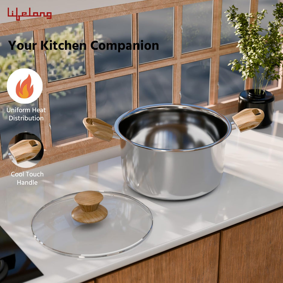 Triply Stainless Steel Sauce Pan with Glass Lid – 20 cm, 3.25L (Silver)