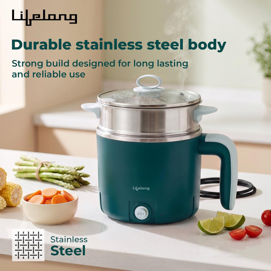 Lifelong Multipurpose Kettle with Idli Tray | Multi Cooker Electric Kettle | 1.2L Stainless Steel Body