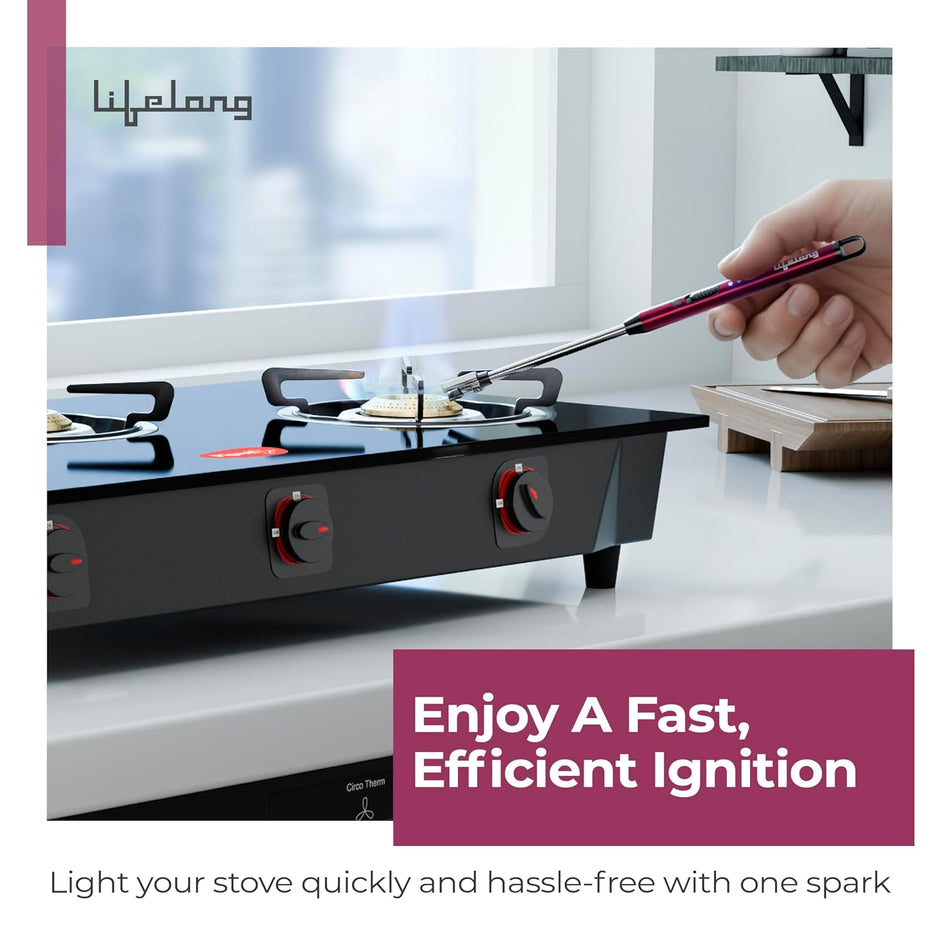 Lifelong Rechargeable Electric Lighter for Kitchen | 360Â° Flexible | C-Type USB | Windproof & Flameless | Lighter for Pooja Room, Candles, BBQ, Multi-Purpose | Stainless Steel & ABS (Red)