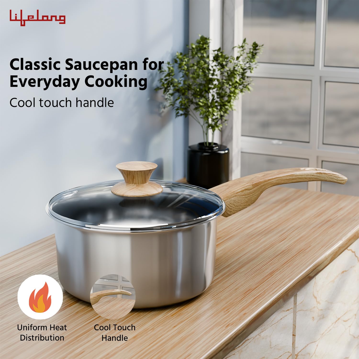 Lifelong TriPly 14 cm Sauce Pan for Cooking, 1.10 litres Sauce Pan with Glass Lid, Stainless Steel with Soft Touch Handle, Induction Bottom and Gas Stove Cookware - (Silver, LLTPSP19) 1.1 Litres