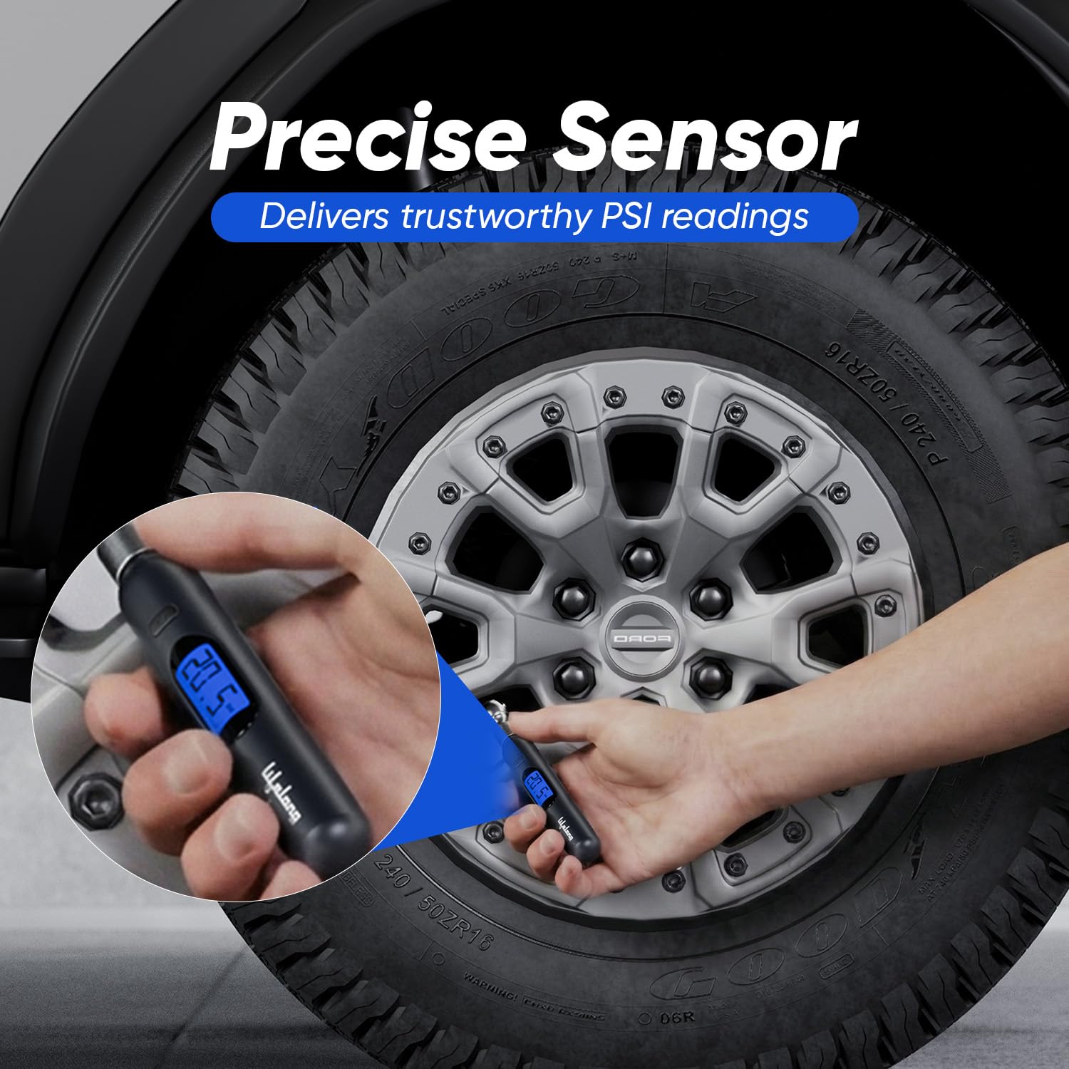 Lifelong Tyre Pressure Gauge | Backlit LCD, 0-150 PSI, Portable Digital Tester