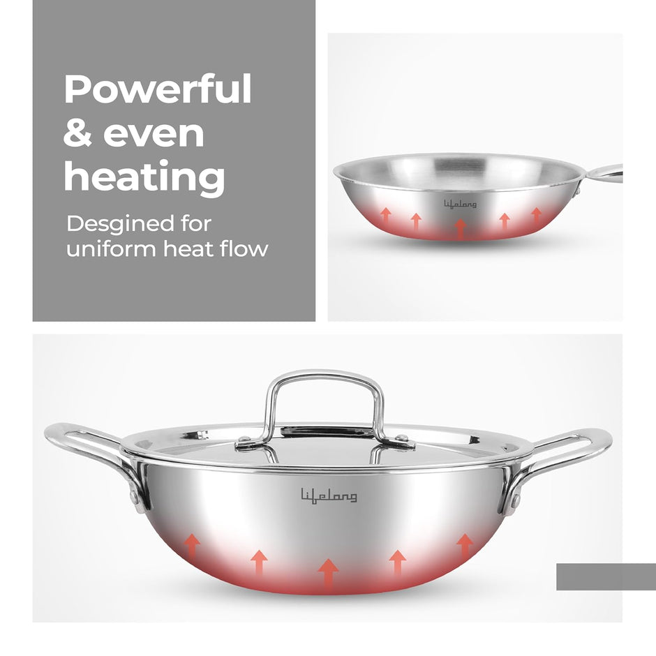 Lifelong Triply 3 piece cookware Set| 20cm Fry Pan (1.7L) & 20cm Triply Kadhai (1.2L) with Common Steel Lid | Stainless Steel Handle |Even Heat Distribution | Induction & Gas Stove Compatible(Silver) Combo of 3