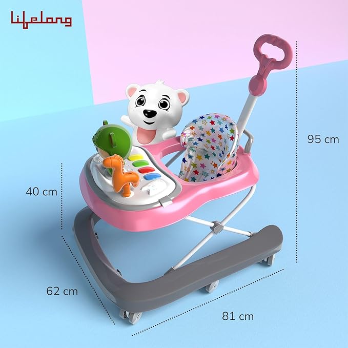 Lifelong Cuppy 3-in-1 Baby Walker for 6-18 Months | Adjustable Height Baby Walker with Parental Handle | Musical Piano, Feeding Tray & Soft Padded Seat