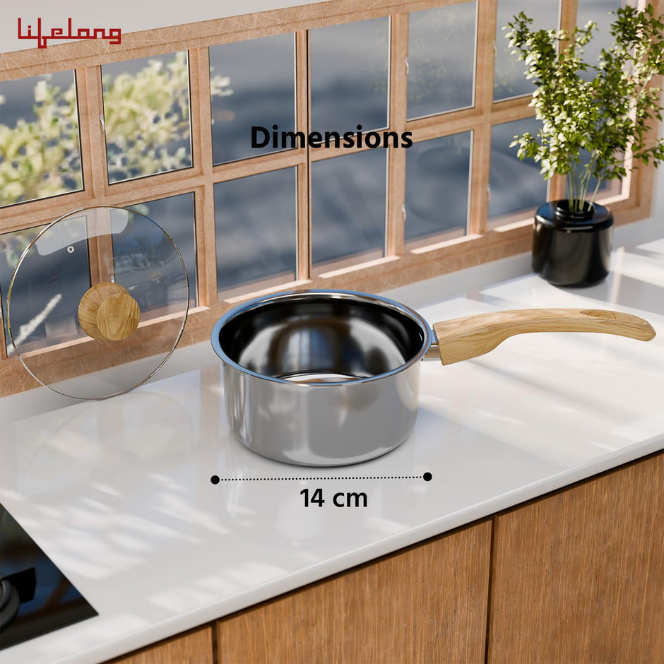 Lifelong TriPly 14 cm Sauce Pan for Cooking, 1.10 litres Sauce Pan with Glass Lid, Stainless Steel with Soft Touch Handle, Induction Bottom and Gas Stove Cookware - (Silver, LLTPSP19) 1.1 Litres