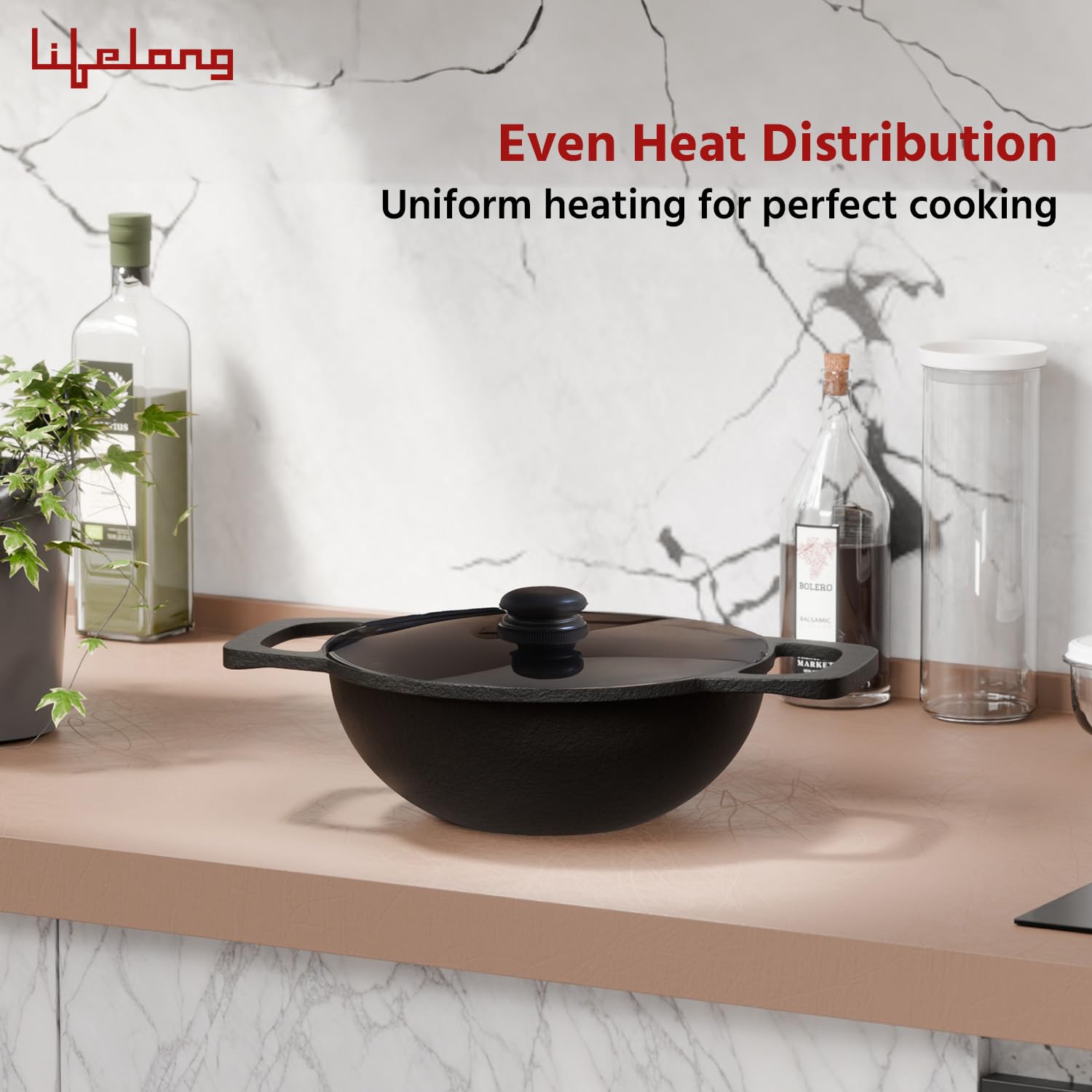 Lifelong Cast Iron Kadhai 20cm with Glass Lid & Spatula | Pre-Seasoned, Durable