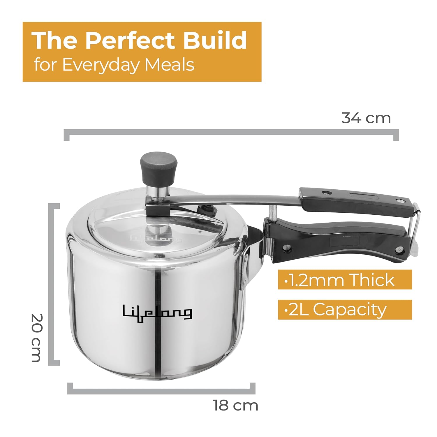 Lifelong 2L Stainless Steel Pressure Cooker | Inner Lid Design with Silicone Gasket | Induction & Gas Compatible | 1.2mm Thick | Leak-Proof, Durable, Rust-Resistant Body ISI-Certified